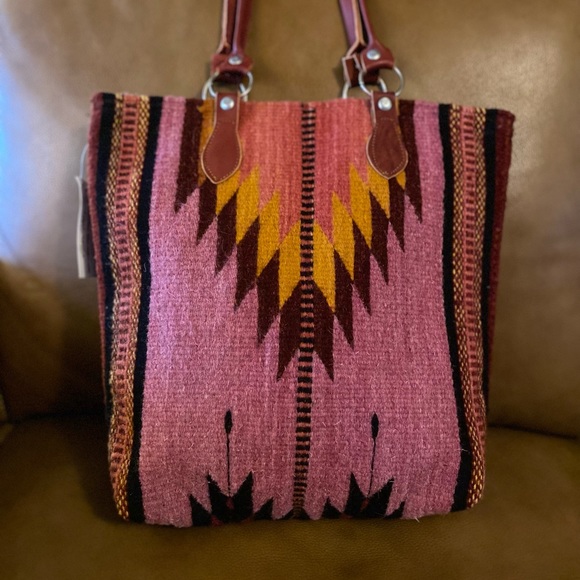 Artsy eclectic handwoven wool rustic boho Western pink burgundy leather purse - Picture 5 of 10
